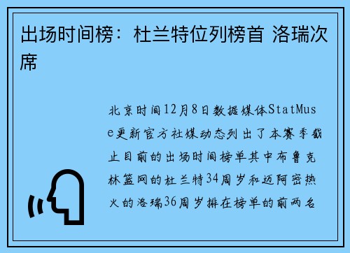 出场时间榜：杜兰特位列榜首 洛瑞次席